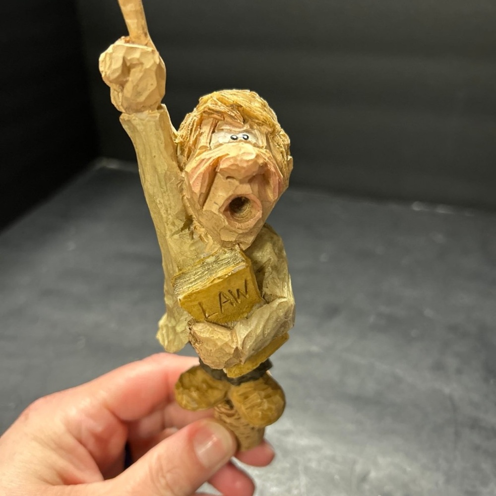 Hand-Carved Wooden Figurine Holding 'LAW' Book - Blonde/Tan